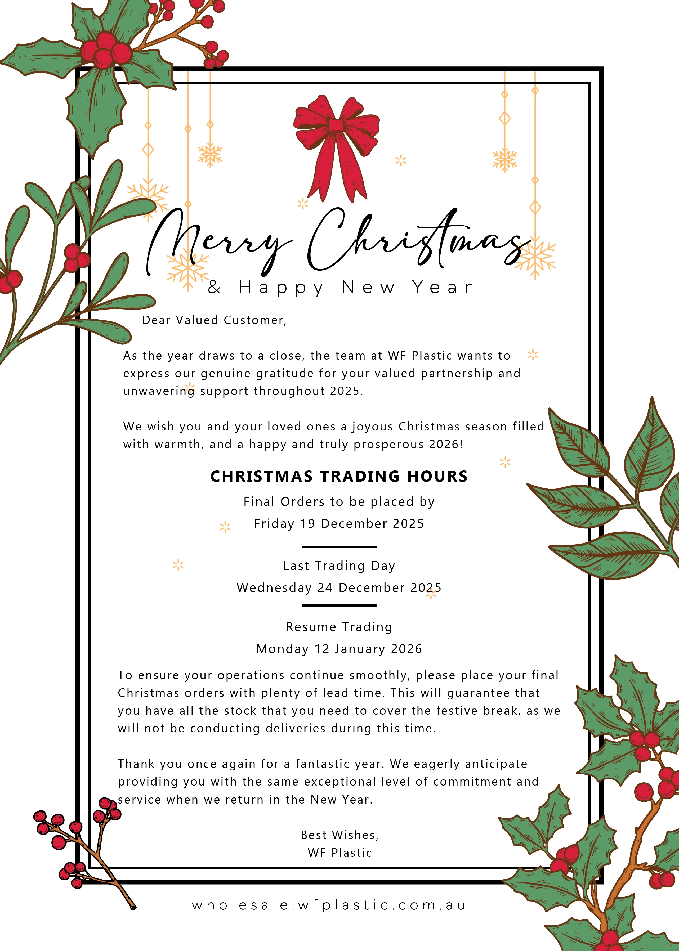 Christmas Hours notice with 2025 final delivery and 2026 resumption dates