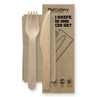 BioPak 16cm Wooden Fork, Knife and Napkin Set Wax Coated