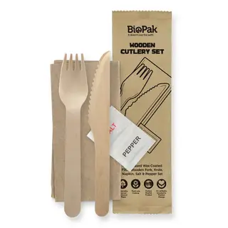 BioPak 16cm Wooden Fork, Knife, Napkin, Salt and Pepper Set Wax Coated