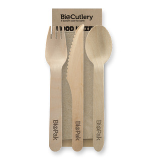 BioPak 16cm Wooden Fork, Knife, Spoon and Napkin Set Natural