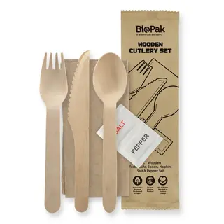 BioPak 16cm Wooden Fork, Knife, Spoon, Napkin, Salt and Pepper Set Natural