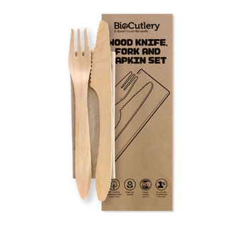 BioPak 19cm Wooden Fork, Knife and Napkin Set Wax Coated