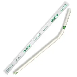 BioPak Regular Bendy White Wrapped Paper Straws