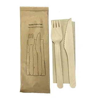 Wooden Cutlery Pack Fork Knife Napkin Set